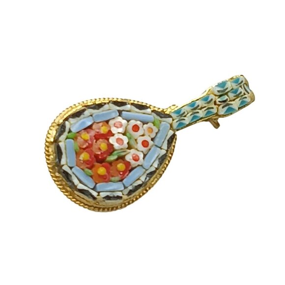Vintage Italian Mosaic Gold Tone Mandolin Guitar Brooch with Floral Design - Picture 2 of 3